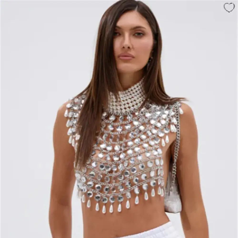 بلوزة مثيرة برباط علوي على شكل دمعة من اللؤلؤ بأكمام على شكل سلسلة للنساء بتصميم أوروبي وأمريكي سلسلة ضيقة للجسم #1