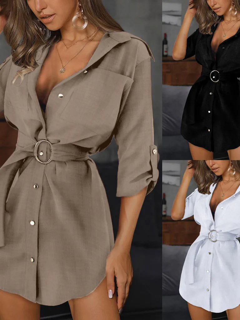 เสื้อเชิ้ตผู้หญิงทรงหลวม แขนยาว ปลายแขนพับได้ คอตั้ง แต่งเชือกผูกเอว สไตล์สตรีท สำหรับฤดูใบไม้ผลิ