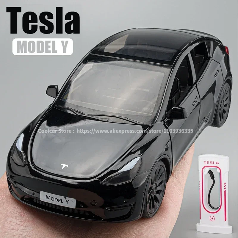 All 1:24 TESLA MODEL Y Model 3 With Charging Pile Alloy Diecast Metal Toy Car Model Sound and Light Childrens Collectibles Gift