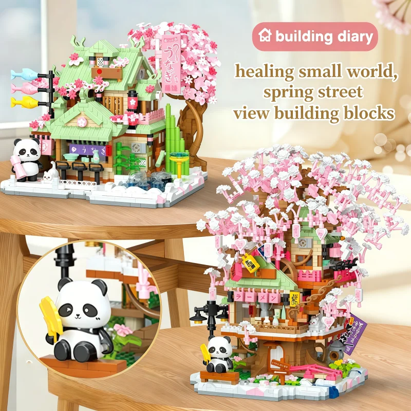 Sakura Tree House & Izakaya Building Blocks, 2-in-1 Japanese Street View with Panda, Mini Bricks DIY Model Kit, Perfect Gift for
