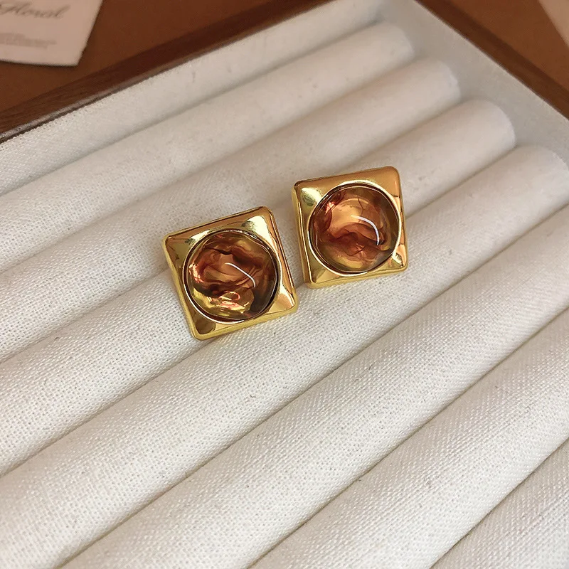 Vintage Brown Resin Square Stud Earrings, Women's Gift