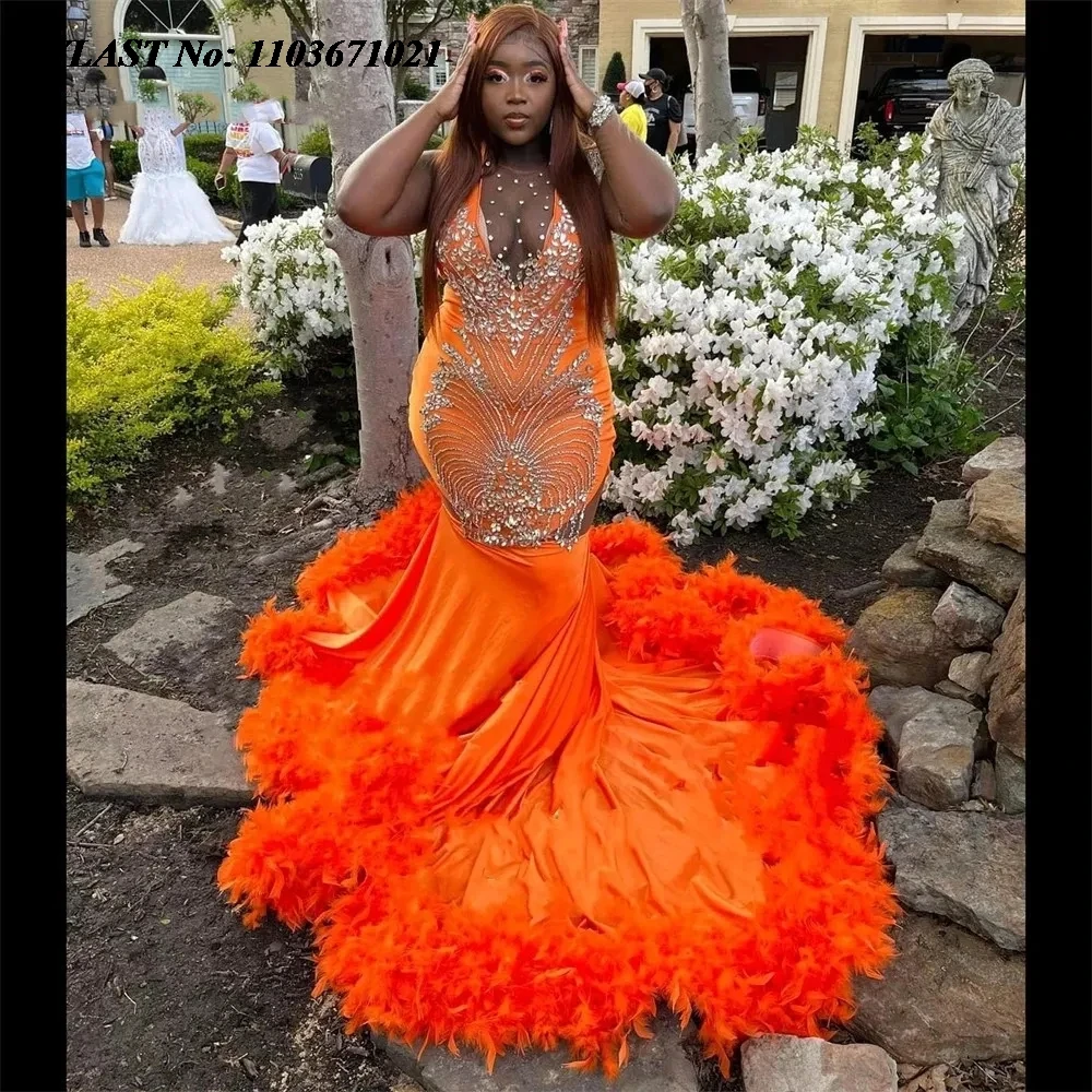 EVLAST Orange Velvet Prom Dress 2025 For Black Girl Mermaid Evening Gown Luxury Feathers Celebrity Party Formal Gowns P184