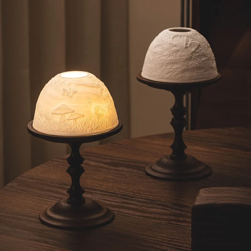 

Romantic Aromatherapy Candlestick Set - Vintage Walnut with Relief & Light-Transmitting Shade, Sideboard Decor