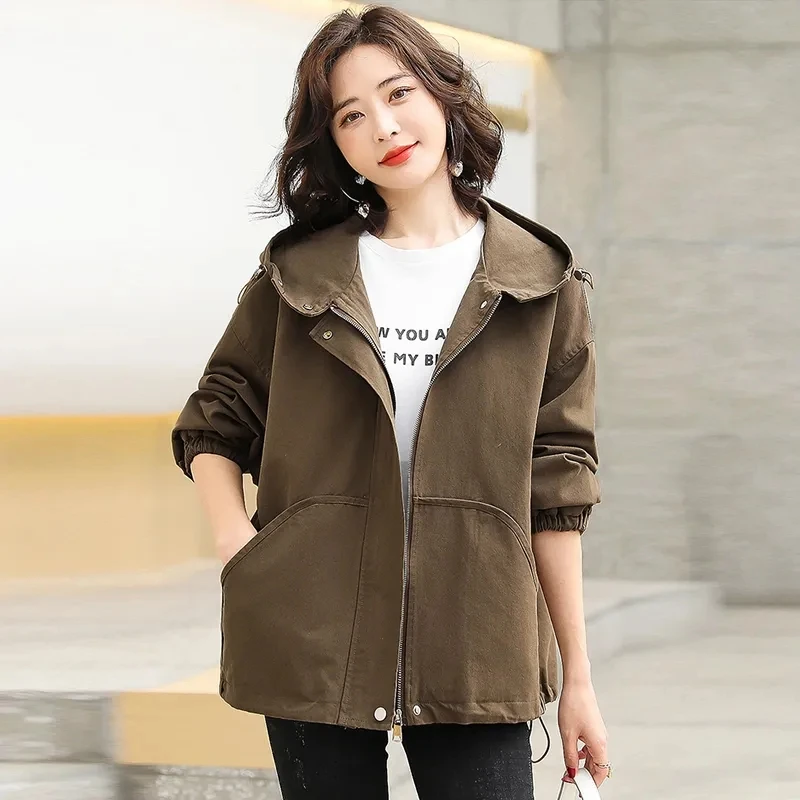 

Fashion Women's 2024 Spring Hooded Jacket Loose Literary All-match Korean Temperament Zipper Long Sleeve Vintage Windbreaker