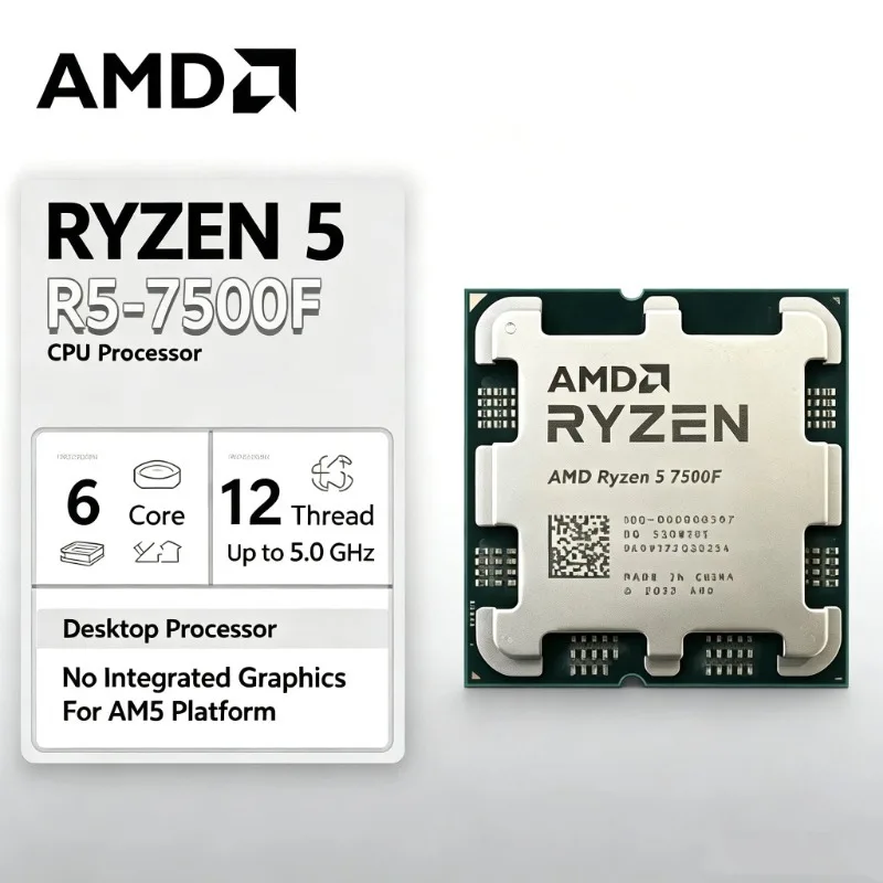 CPU para Jogos AMD Ryzen 5 7500F 6 Núcleos 12 Threads 3.7GHz 5.0GHz Boost 32MB L3 5nm Zen 4 AM5 Processador DDR5 para Montagem de PC Gamer