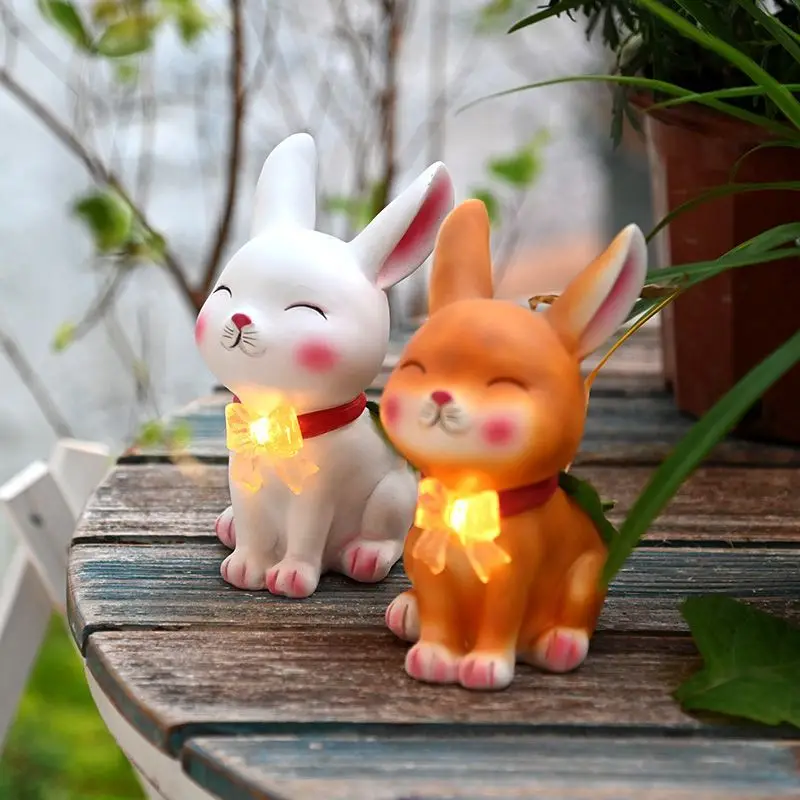 Cute Resin Garden Easter Bunny Statue Outdoor Lawn Yard Bow-Knot Rabbit Figurine Ornaments Home Courtyard Balcony Solar Décor