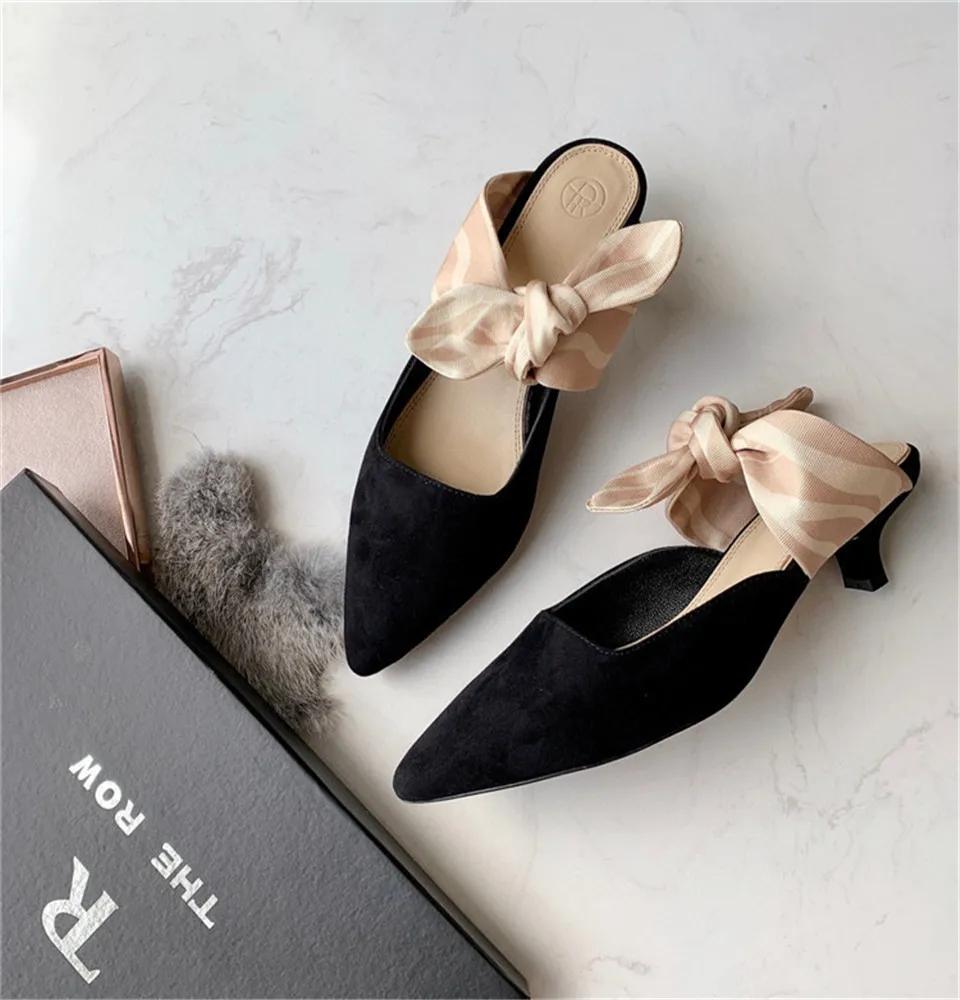 

Mules Pointed Toe Sandals Cross Tied Women Shoes Butterfly Knot Spike Low Heel Casual Shallow Pumps Summer Soft Zapatillas Mujer