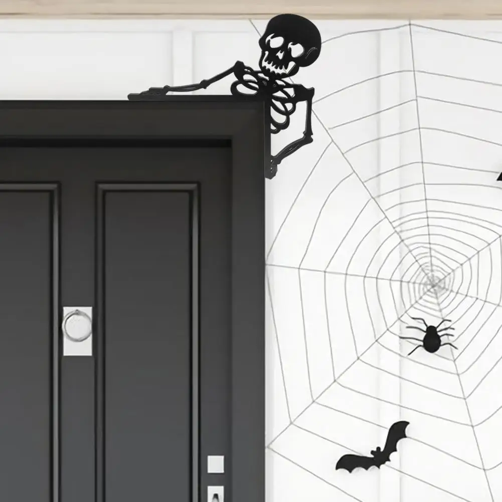 Door Sitter Decoration Halloween Wooden Door Frame Decor Set with Black Broom Witch Skeleton Pumpkin Silhouette Front Door Edge