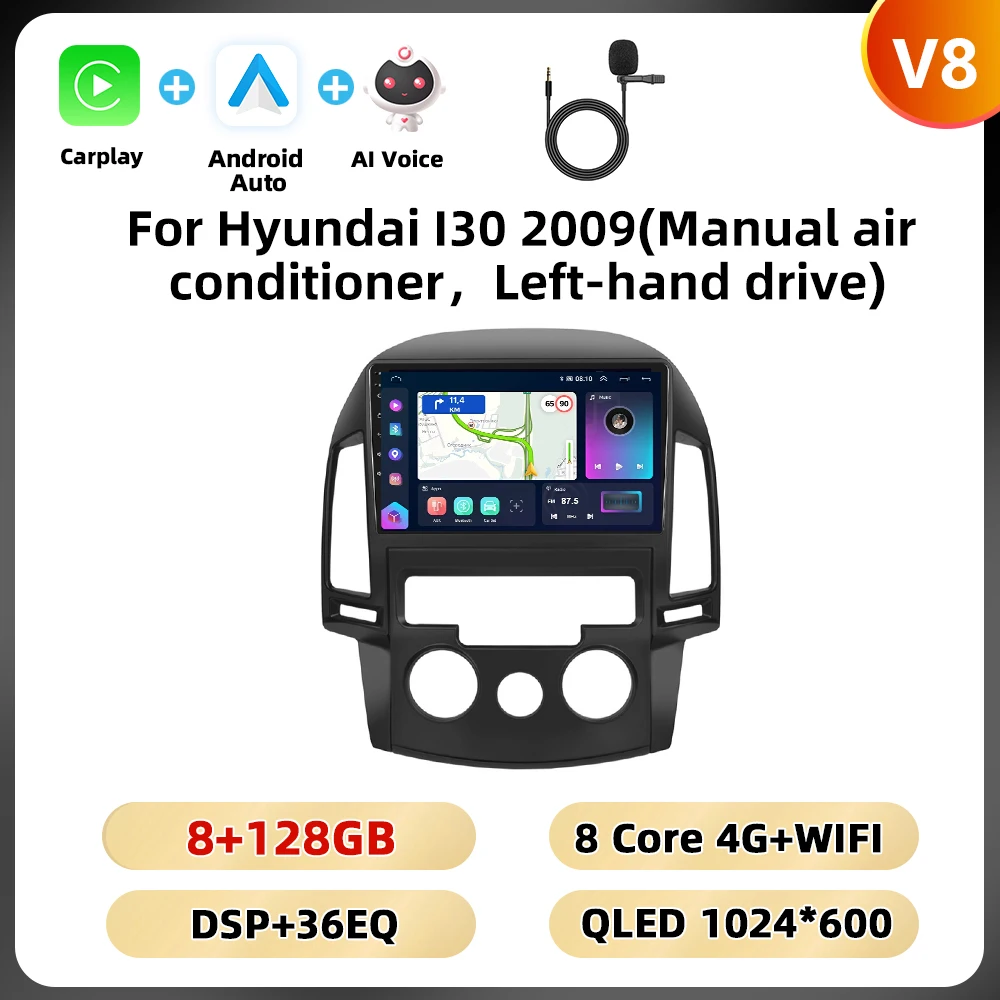 Podofo 8 + 128G 2din Autoradio Voor Hyundai I30 2009 Multimediaspeler 8Core Wifi Gps Carplay Android Auto Dsp Bluetooth Auto Audio