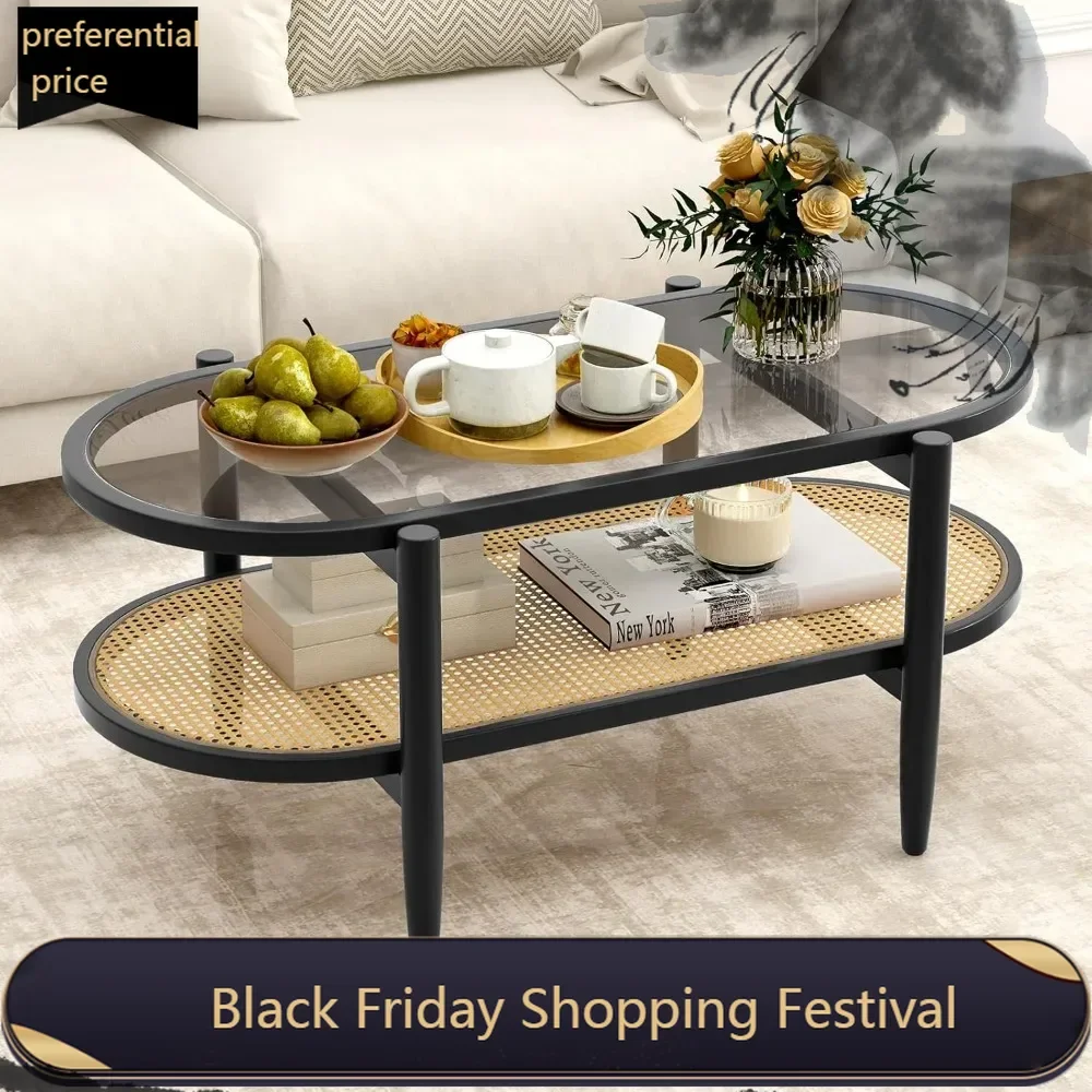 Rattan Coffee Table, 2-Tier Oval Wood Tea Table with Tempered Glass Tabletop & PE Rattan Storage Shelf, 40