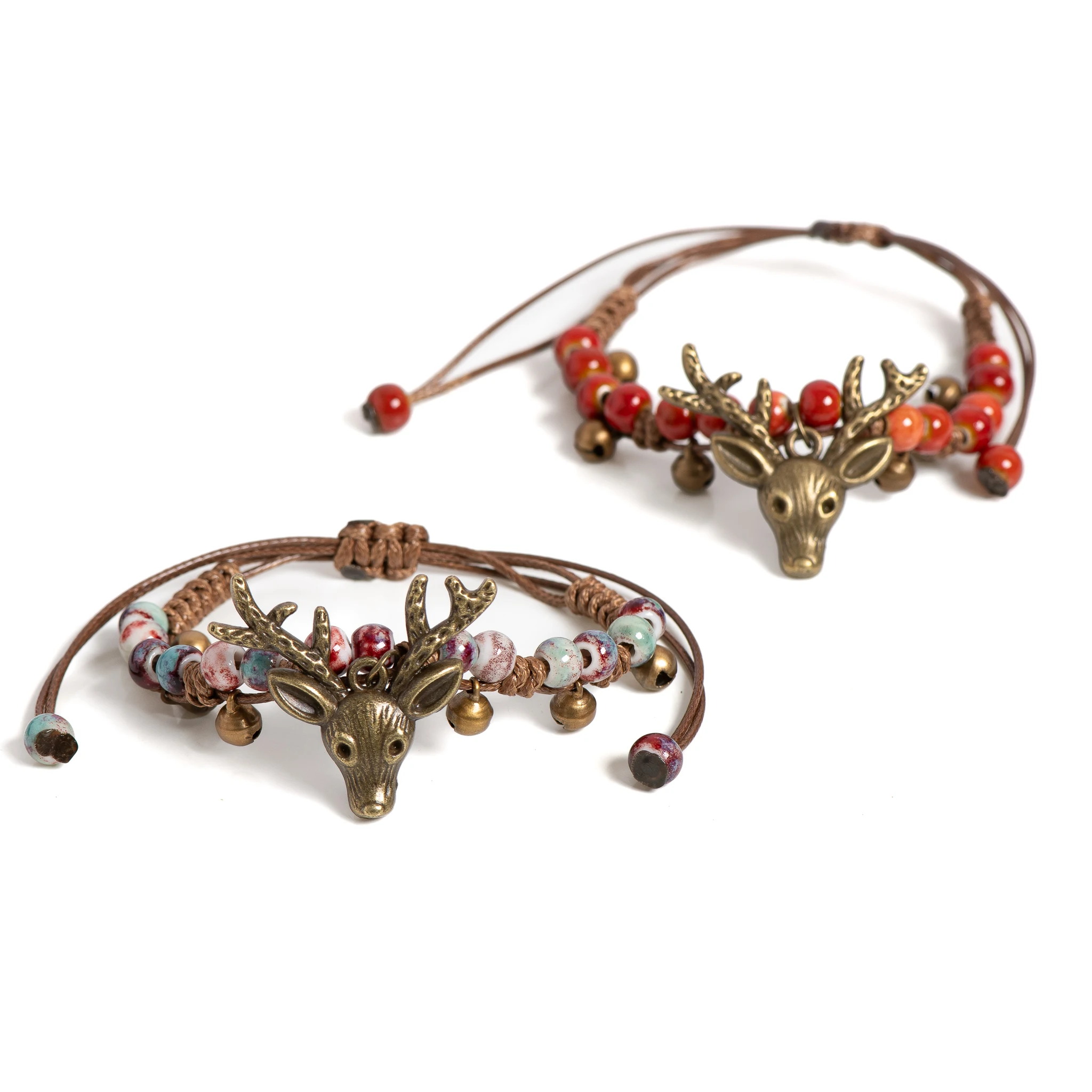 Deer Head Crackle Ceramic Bracelet Adjustable Handmade Braided Jewelry Boho Rustic Style Unique Gift for Women 1190