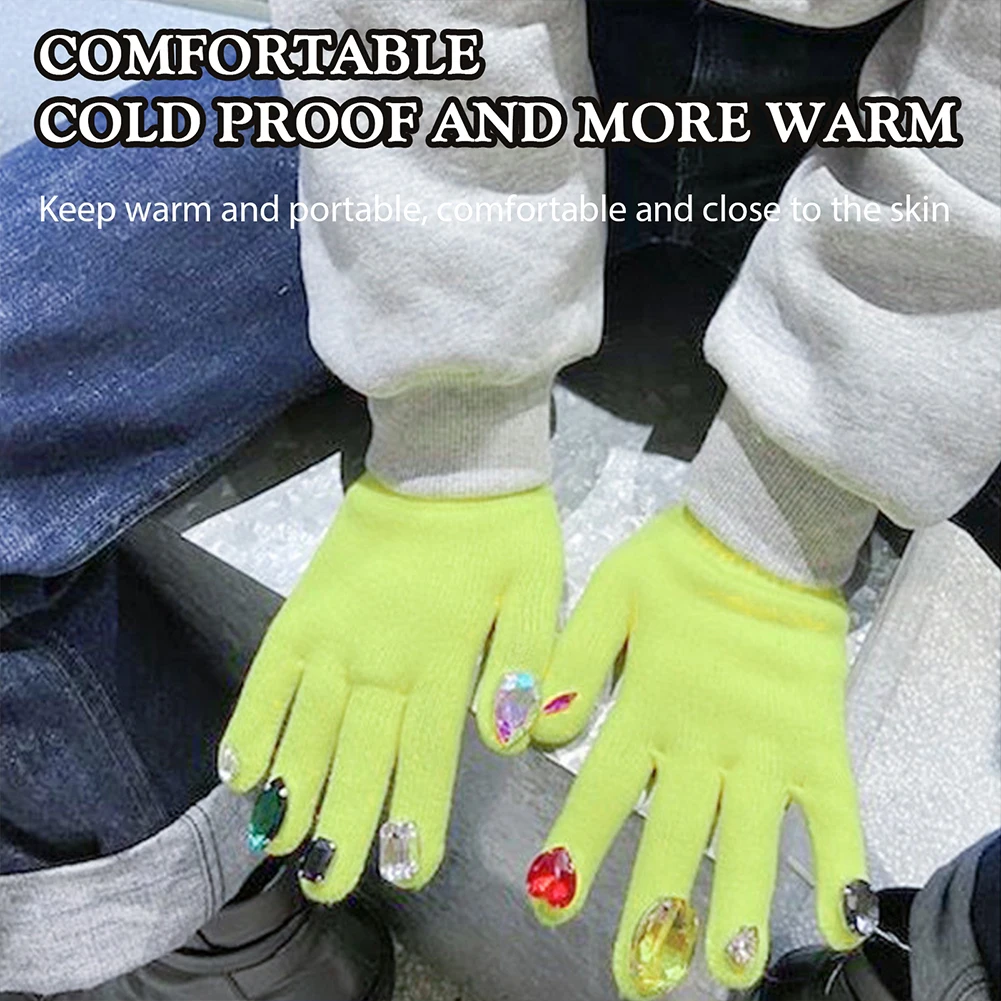 Female Gloves Full Finger Mittens Rhinestone Inlaid For Winter Fashion Warm Gloves Outdoor Cold Protection Knitted Glove