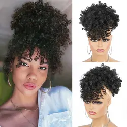 Synthetic Afro Puff Drawstring Ponytail with Bangs Short Afro Kinky Curly Ponytail Extension Updo Hairpiece Ponytail Bun
