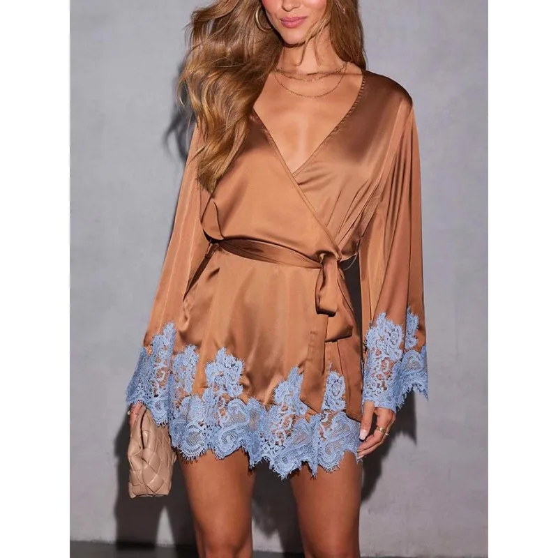 Sexy Chic Braun Spitze Satin Frauen Kleid Frühling Tiefem V-ausschnitt Hohl Mini Kleid Herbst Langarm Schärpen Homewear Nacht Kleid Mujer