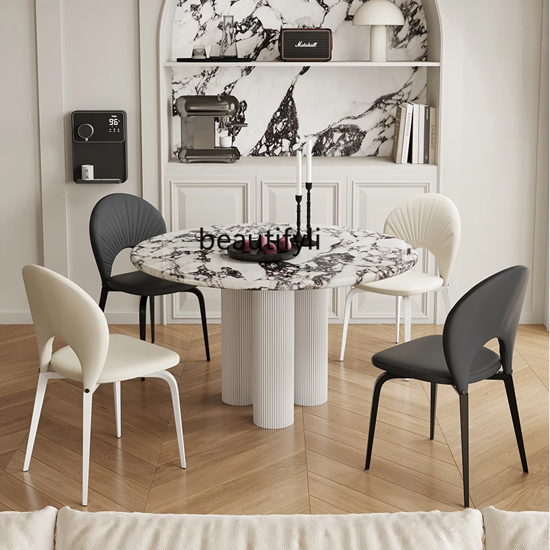 

Marble dining table and chair combination light luxury French round cream style modern simplicity