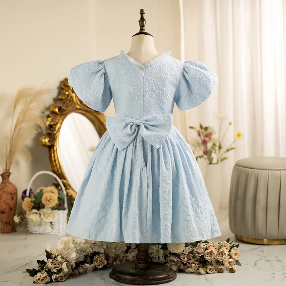 Vestido de princesa com lantejoulas e apliques de renda para crianças, performance escolar, requintado, azul, manga bufante, vestido de passarela personalizado