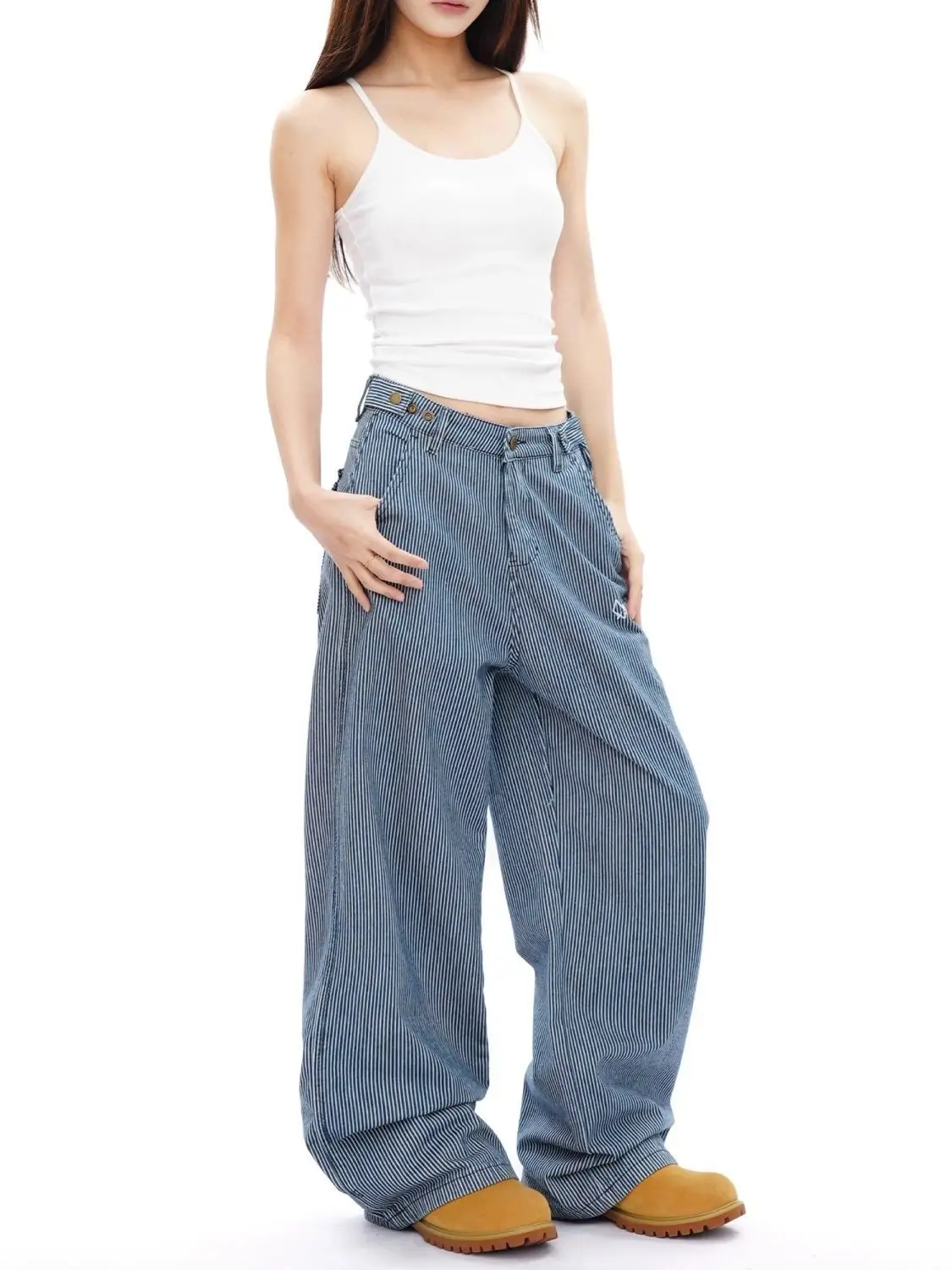 

Women's Blue Vertical Pattern Vintage High Waisted Jeans Cool Girl Wide Leg Autumn Streetwear Trouser Female Casual Denim Pants