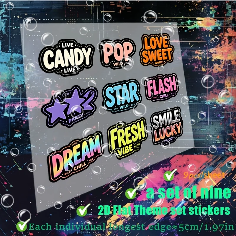 9Pcs 2D Flat Bright Retro Text Waterproof Vinyl Stickers Candy Pop Star Sweet Graphic Decals For Car Laptop Holiday Gift