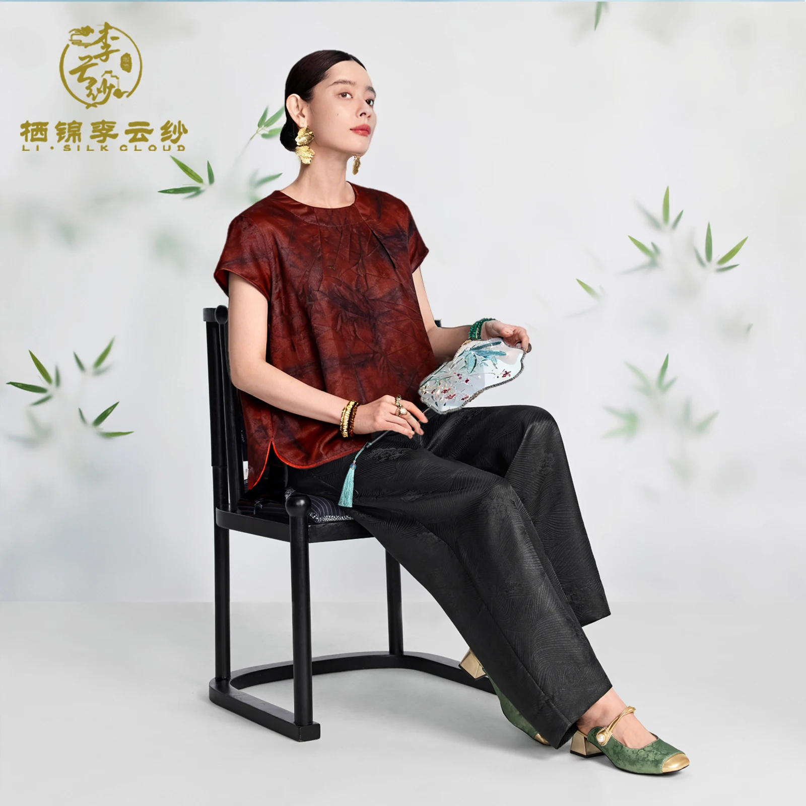 

LI SILK CLOUD xiangyunsha Short-Sleeve Top - Elegant Silk Blouse, Comfortable Daily Guangdong Black Pearl Guangdong Gauze