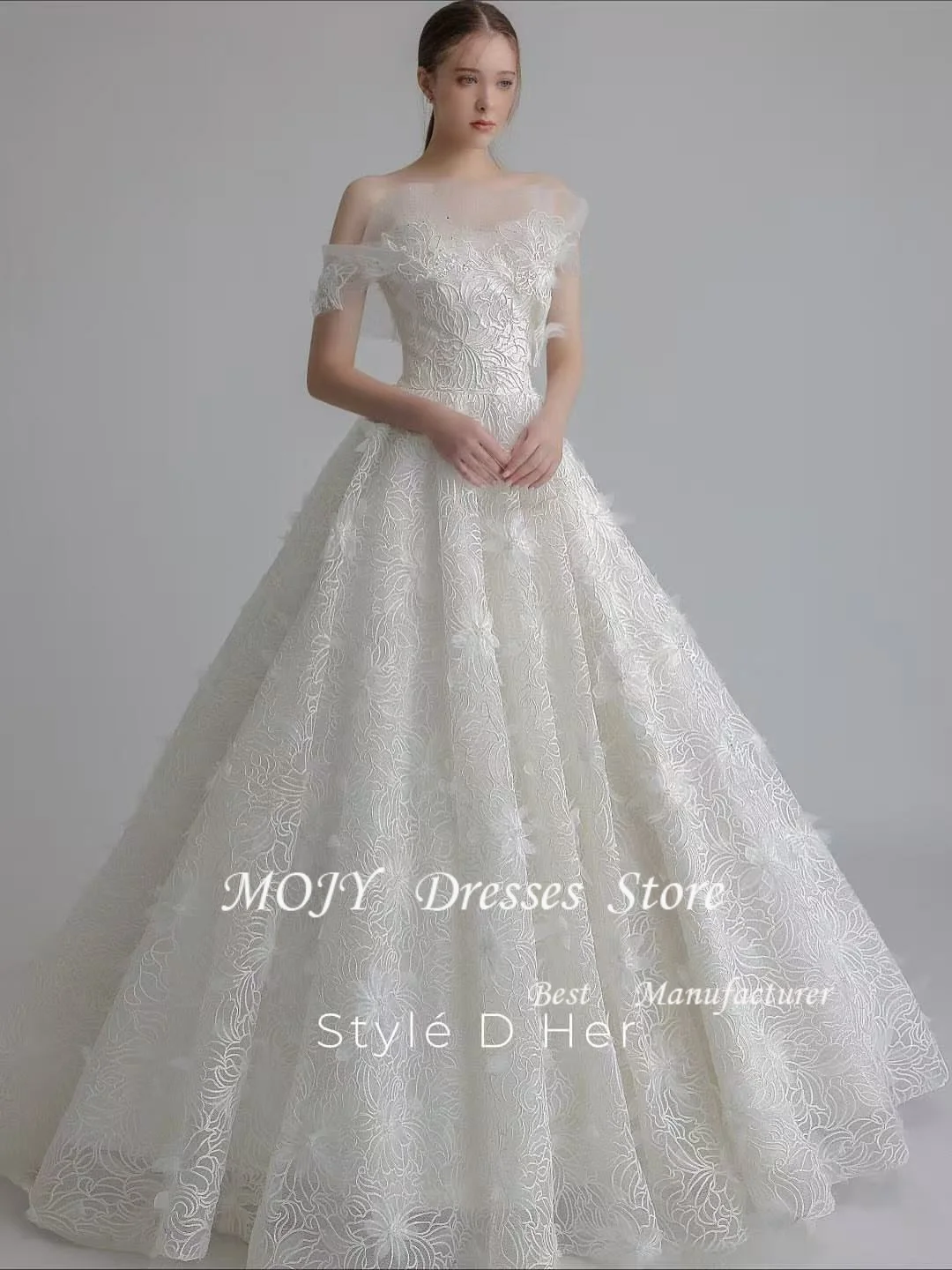 

Mojy Роскошное корейское бальное платье с открытыми плечами и цветами, кружевные аппликации, свадебные платья, элегантное платье невесты для фотосессии