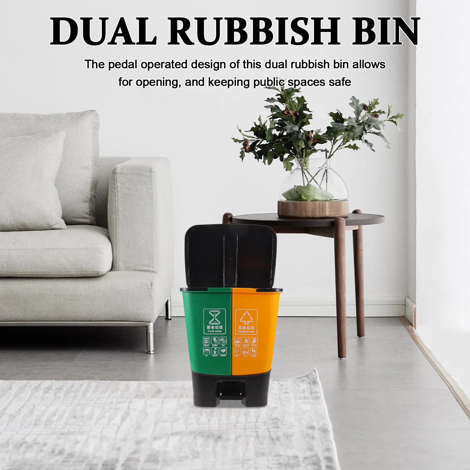 Dual Compartment Dry Wet Separation Garbage Bin Pedal Operated Airtight Lid Large Capacity Rubbish Box for Kitchen Bathroom 16L