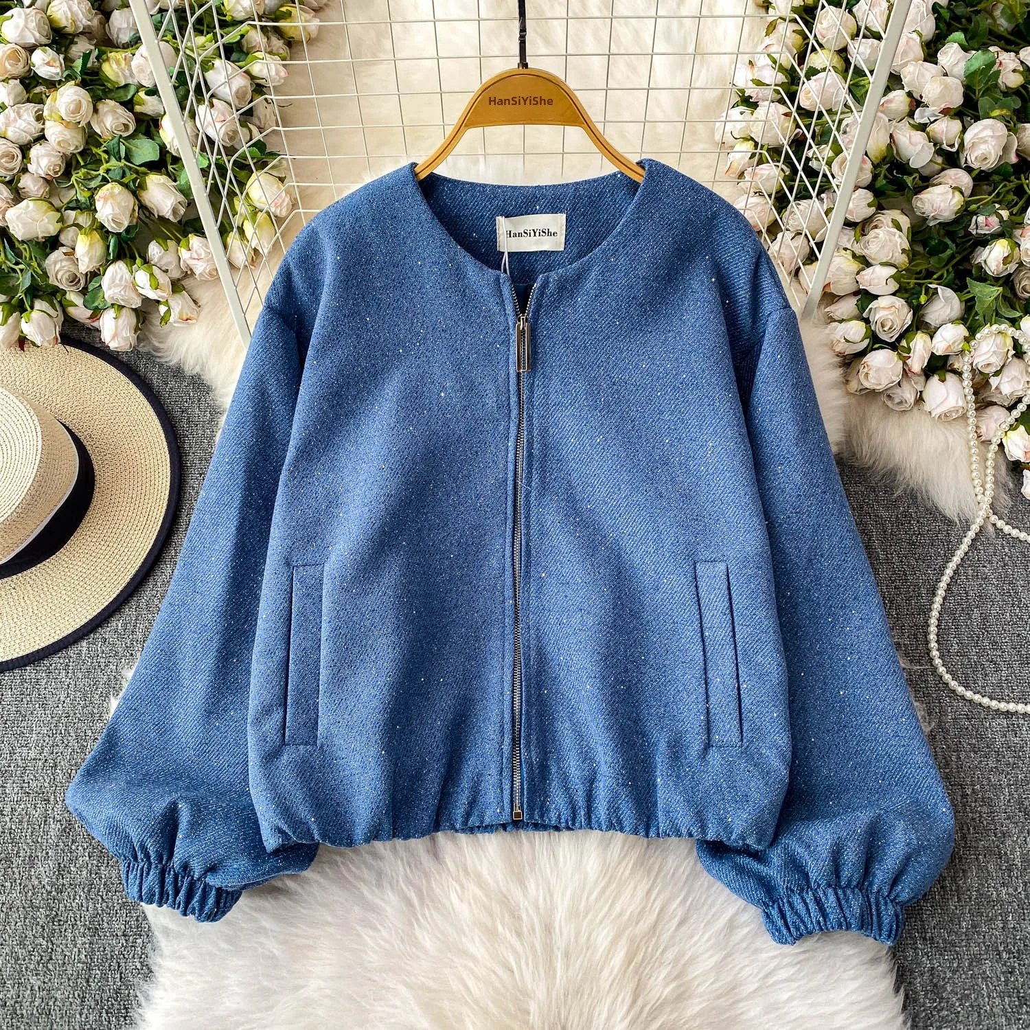 

Ele Blue iny Star круглый джгут на молнии, женский зимний топ 2025 года, новый универсальный свободный утягивающий топ для поездок на работу