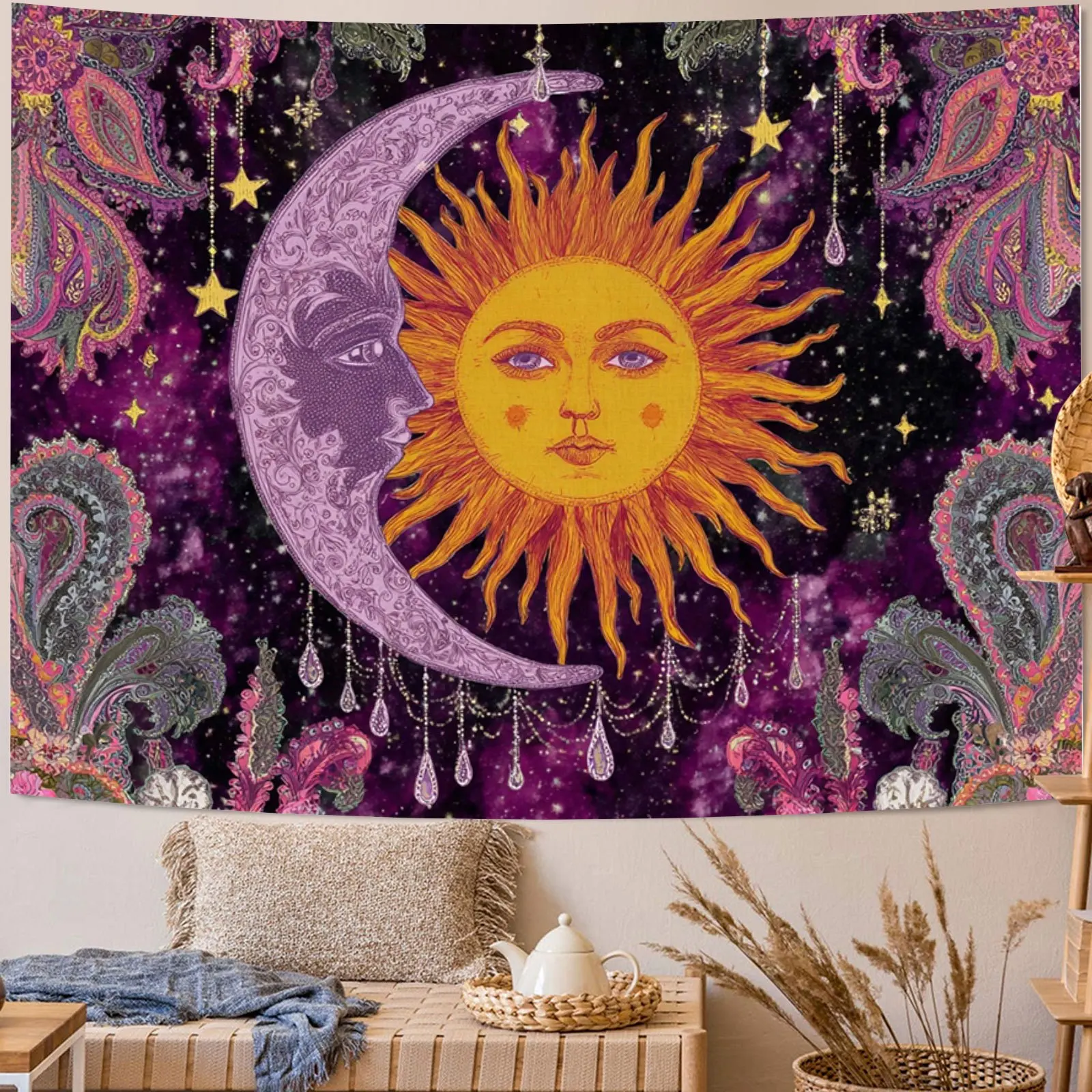 Boho Celestial Wall Tapestry, Sun Moon Face with Star Galaxy Paisley Pattern Wall Hanging for Living Room Bedroom Dorm Decor