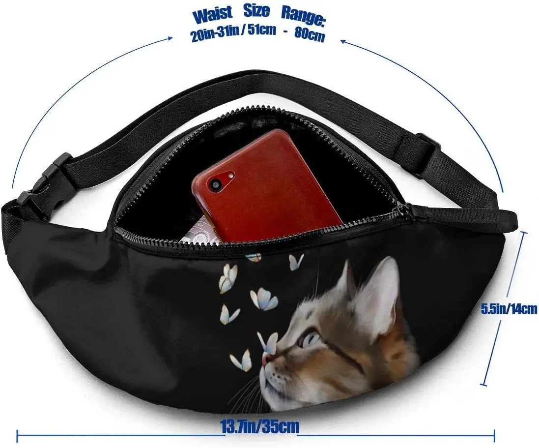 Sac de taille interconnexion pour femme, animal, chat, papillon, sauna, trou pour téléphone, sac de ceinture, poche à bandoulière réglable, mode, sac banane pour la hanche