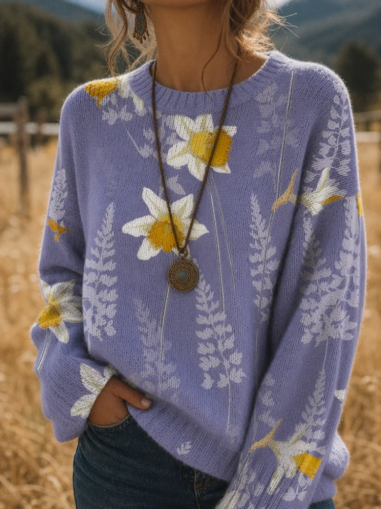 Women's Printed Sweater, with a Pale Purple vintage Tulip Flower Pattern, Round-Neck Long-Sleeved Cotton-Blend Casual Knit Top, Suitable for Daily Casual Wear in Autumn and Winter