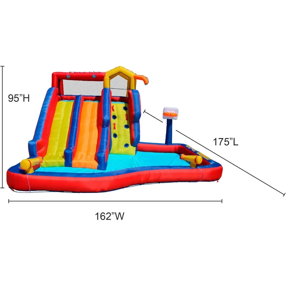 Tobogán acuático Twin Falls, parque acuático inflable resistente con 2 toboganes acuáticos, cañones de agua y aro de baloncesto