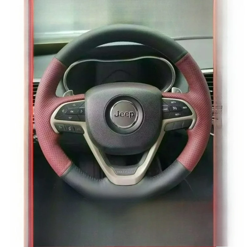 Hand Stitched renovation Non-slip wear-resistant Wine red black leather car Steering wheel cover For Jeep Commander 2018–2022