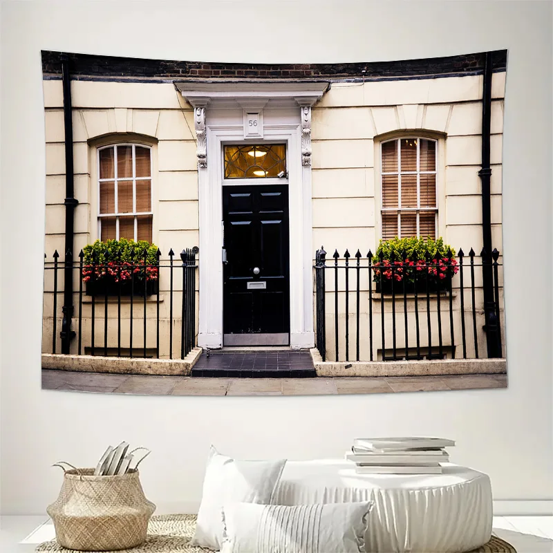 Classic London Townhouse Facade with Black Door and Flower Boxes Wall Tapestry Machine Washable All Season Decor Print Home