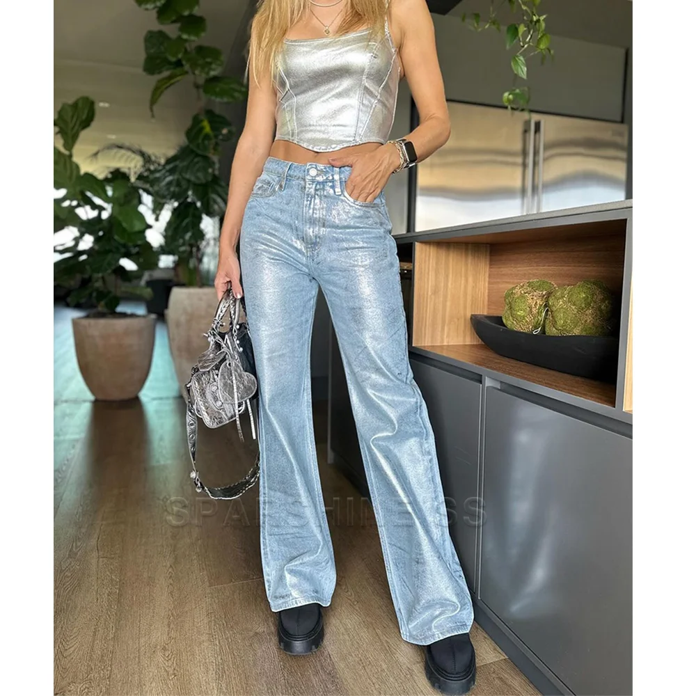

Y2K Advanced Hip-hop Streetwear Denim Trousers Casual Loose Pants For Women Colorblock Spliced Streetwear Straight Leg Pants