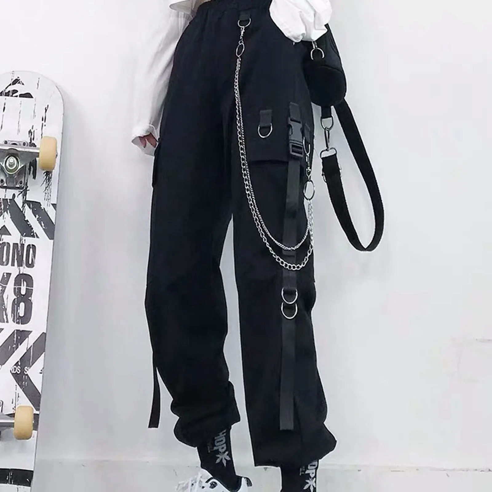 

Women Cargo Pants 2024 Harem Pants Fashion Punk Pockets Jogger Trousers With Chain Harajuku Elastics High Waist Streetwear