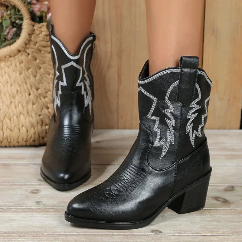 Women Vintage Chunky Heels Western Cowboy Boots Block Heels PU Leather Ankle Booties WomanAutumn Winter Embroidered Knight Boots