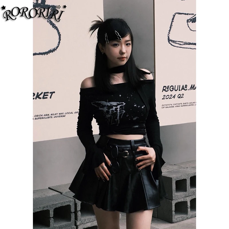 

RORORIRI Укороченный топ с принтом в стиле ретро, мини-юбка, женский комплект, шарф с разрезом на шее, расклешенные рукава, футболка со складками, кожаная юбка, одежда в стиле панк, серый цвет