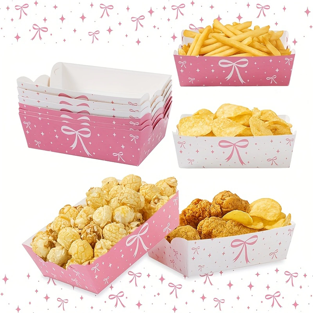 12 piezas de bandejas de papel para palomitas con lazo rosa, para cumpleaños, baby shower, bodas, aniversarios, decoración de mesa, suministros decorativos para fiestas