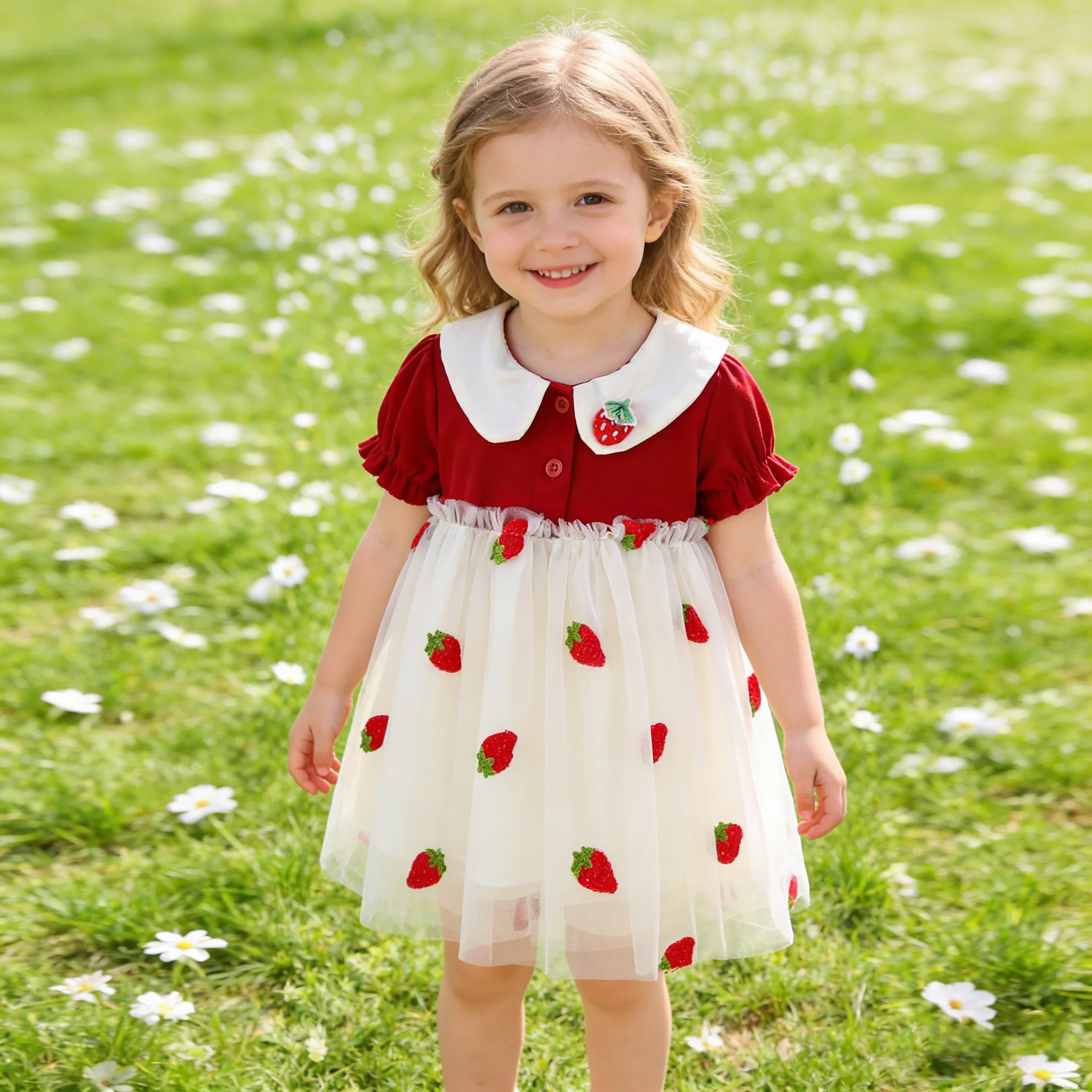 Girls' summer dress 2026 cute Girls short-sleeved strawberry print princess dress for 1-3years old baby children chiffon dress