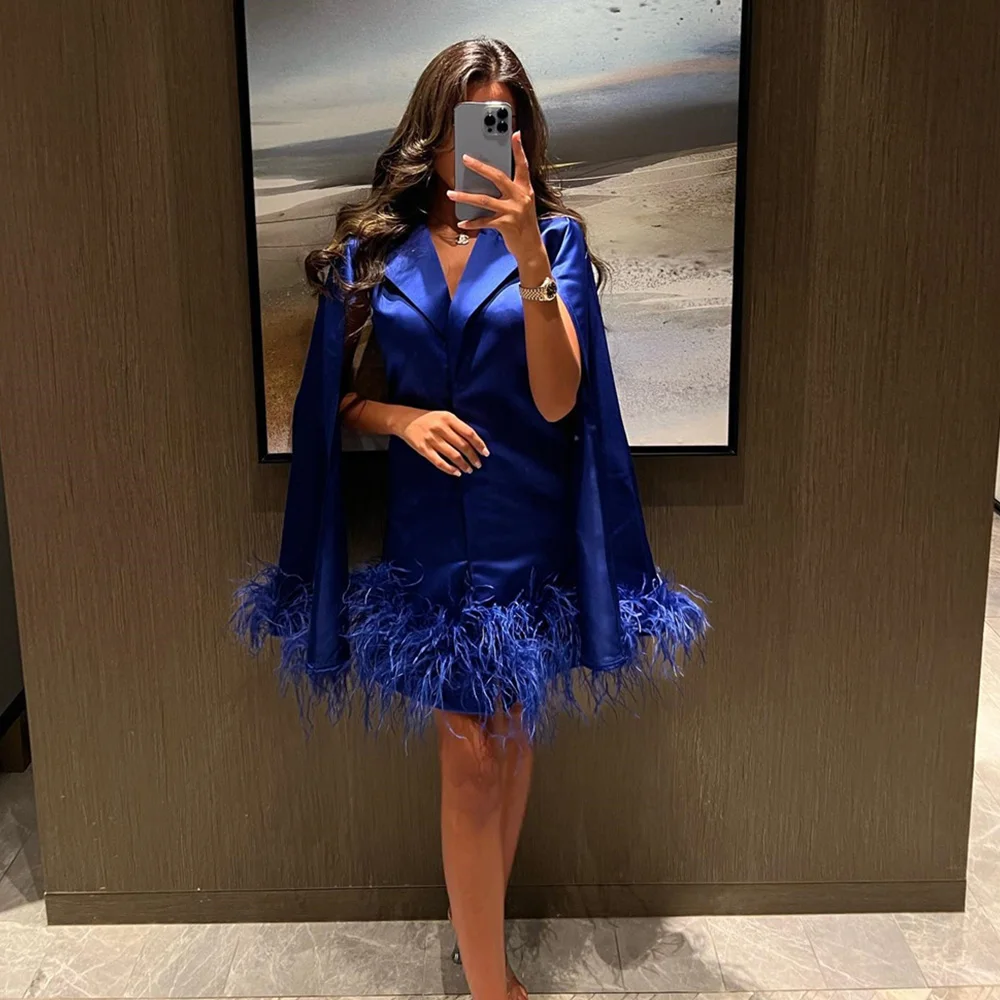 

Customized Sleeveless V Neck Satin Party Dresses Sexy Mini Dress Feathers Temperament Prom Gown Solid Color فساتين السهرة 2023 ج