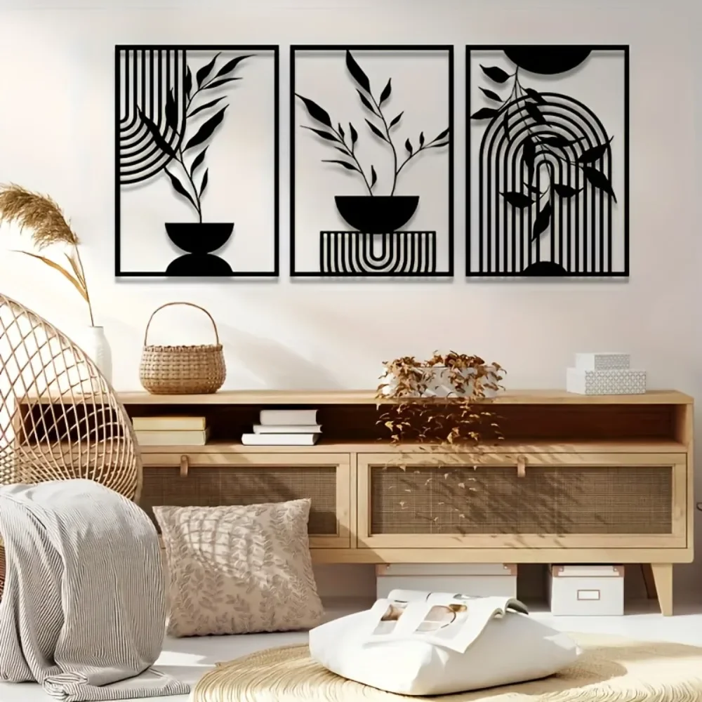 

3-Piece Black Metal Wall Decor Simple Line Hanging Abstract Metal Wall Sculpture Bohemian Style Living Room Decor