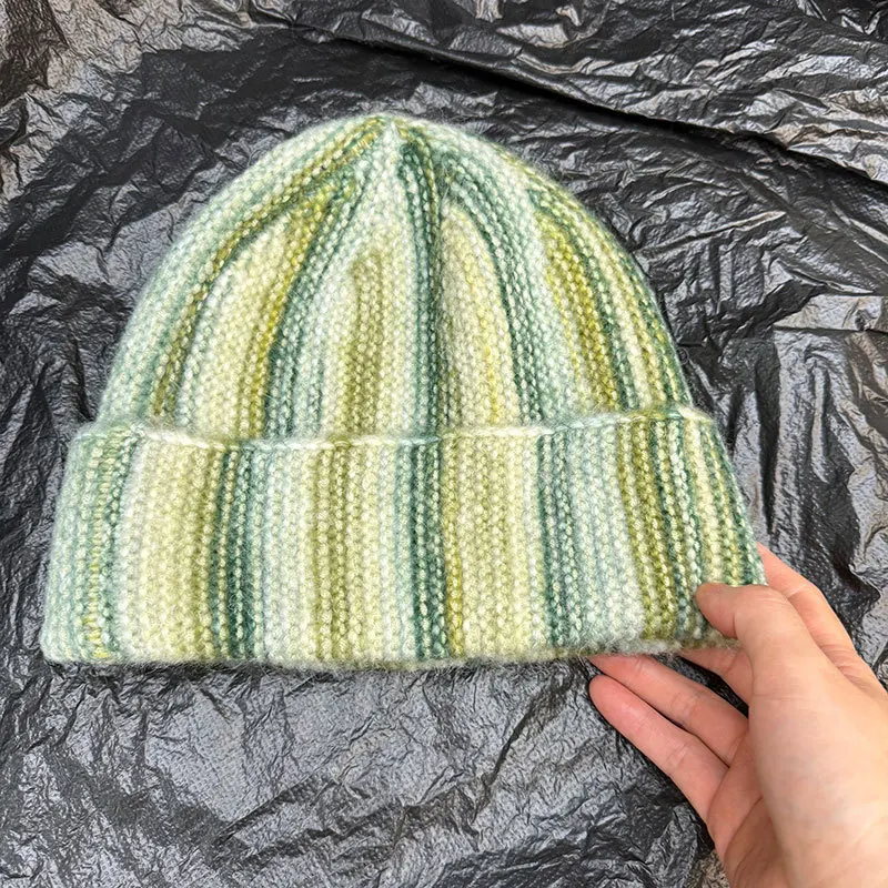 Japanische gestreifte, farbblockierte, verdickte Strickmütze für Männer und Frauen im Winter, Outdoor-Ohrenschutz, warme Skull-Beanie-Mützen. – Detail 7