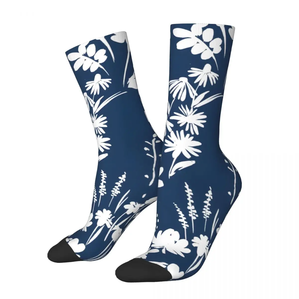 

White Floral Silhouette Men's Socks Vintage Harajuku Street Style Novelty Seamless Crew Sock