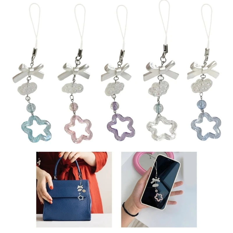 Sweet Cool Acrylic Star Bead Bowknot Charm Pendant Phone Straps Pocket Keychain Strap Hanging Decoration for Bag Purse