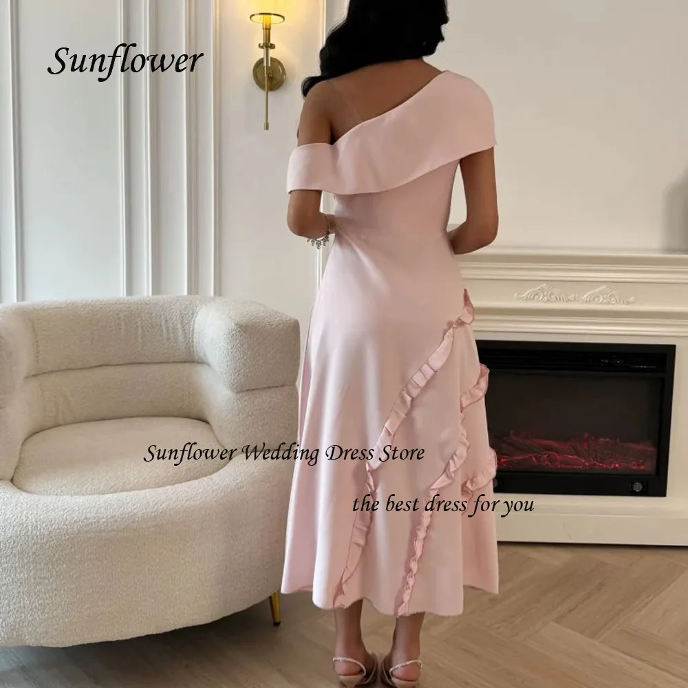 Sunflower Pink Simple Off The Shoulder Pleat A-LINE Formal Evening Dress Saudi Arabia 2024 Slim Crepe Ankle-Length Prom Dress