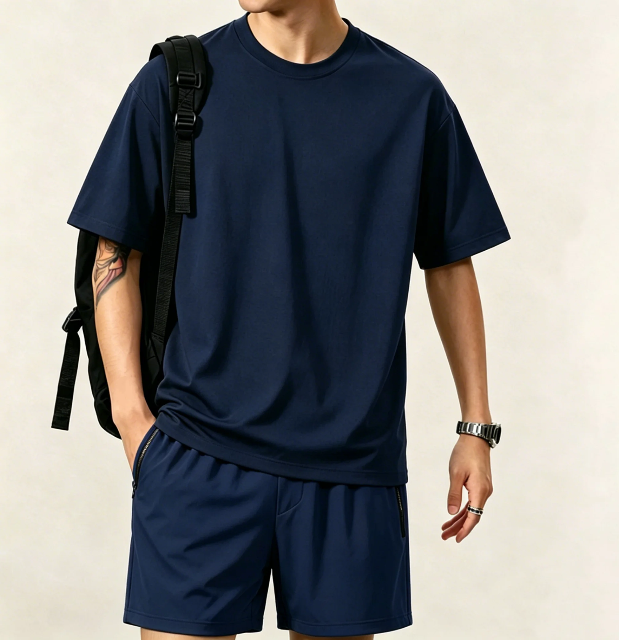 

Men Quick Dry Mesh Crew Neck 2 Piece Matching Set Loose Short Sleeve T Shirt Zipper Pocket Knee Length Shorts Summer Sport Daily