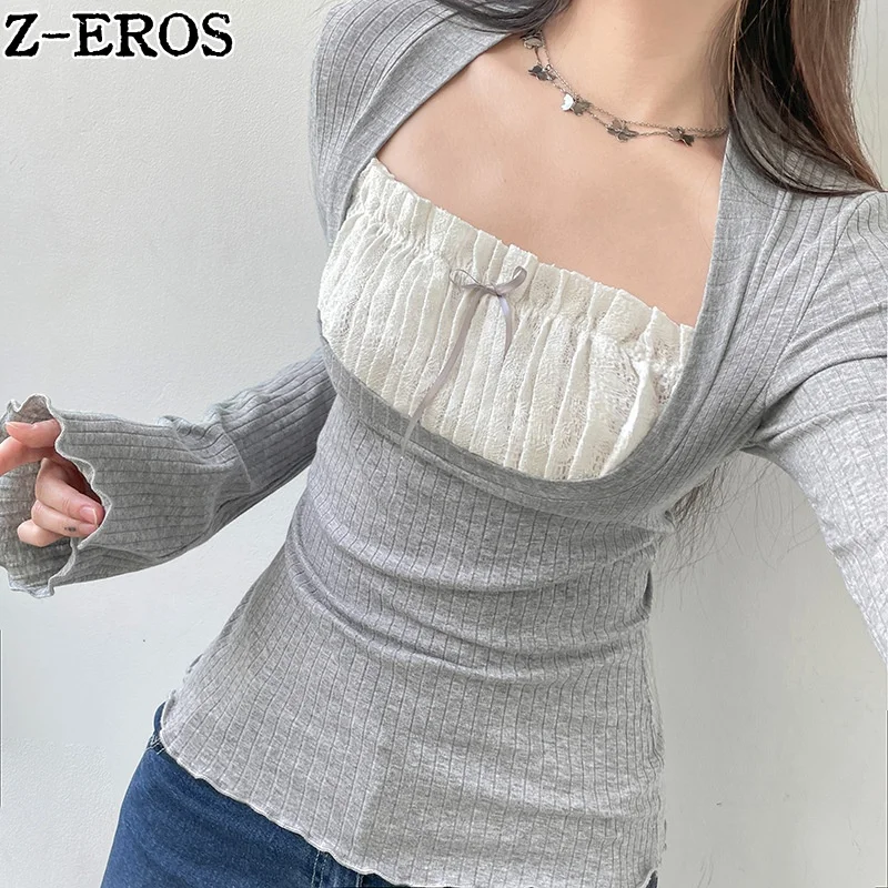 

Z-EROS Elegant Women Square Neck T-shirt Y2K Street Wear Contrast Panel Pleated Lace Lace Slim Fit Micro Flare Sleeve Cute Top