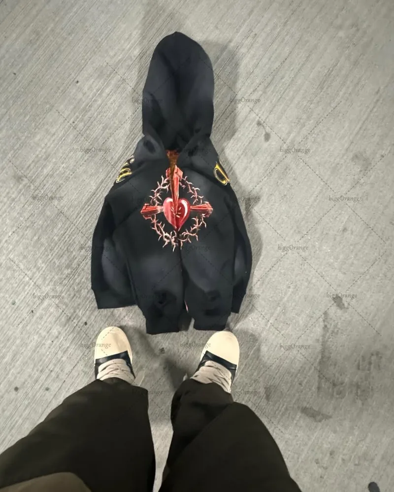 2025 Trendy Brand Hip-hop Punk Streetwear Gothic Harajuku Retro Zipper Hoodie Men High Street Punk Casual Oversized Sweatshirt