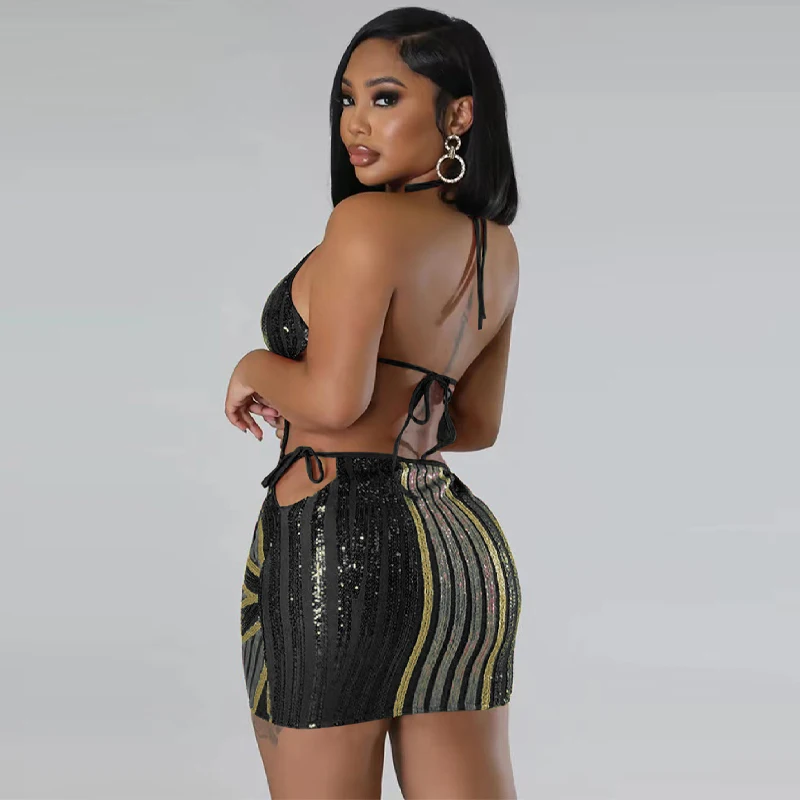 Lace up neck hanging sleeveless sequin dress hip hugging mini skirt party fashion preferred formal dress banquet dress