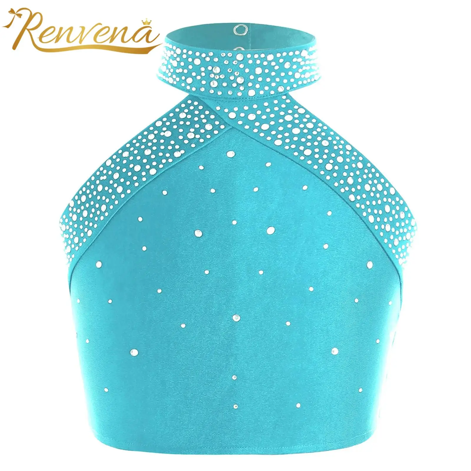 Kids Tops for Girls Sparkly Rhinestone Skating Dance Tops Children Halter Neck Tank Crop Top Sleeveless Backless Cross Back Vest