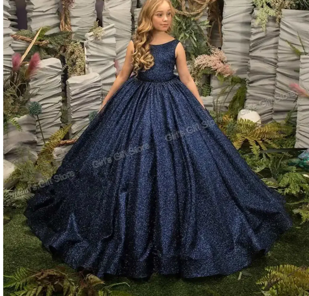 

Navy Blue Glitter Flower Girl Dresses Long Child Wedding Princess Birthday Party Sleeveless Big Bow Pageant Ball Gowns for Girls